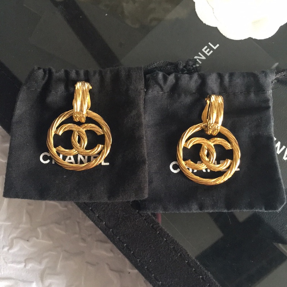 Chanel Gold-Tone Double C Drop Earrings